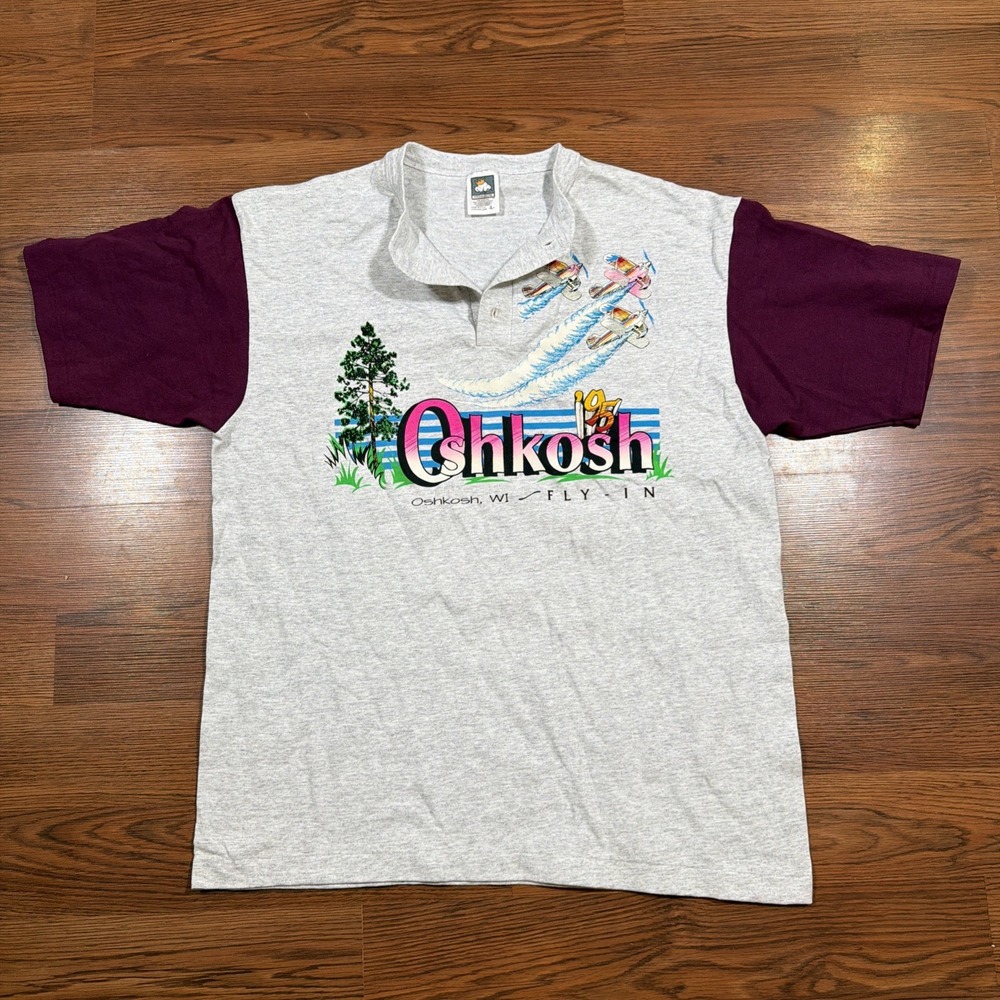 Vintage 1995 Anvil Mens L Oshkosh Fly-In Aviation Henley T-shirt Gray Purple